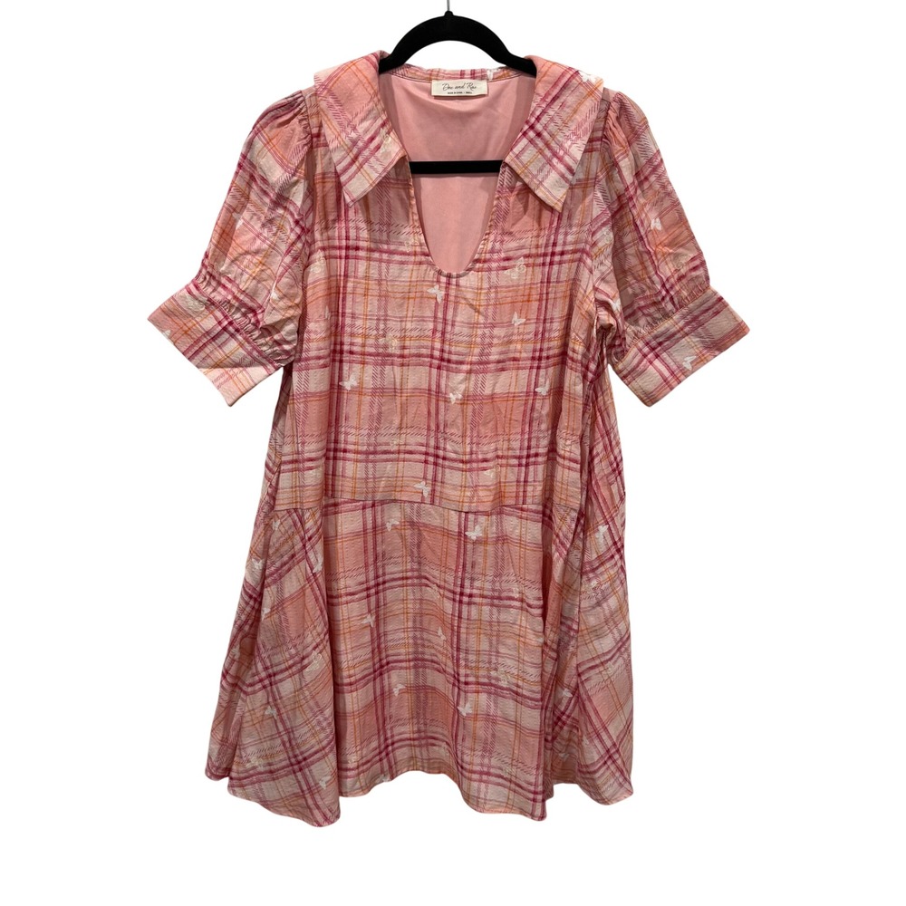 Doe and Rae Pink Plaid Butterfly Embroidered Babydoll Dress Small Pockets Lined